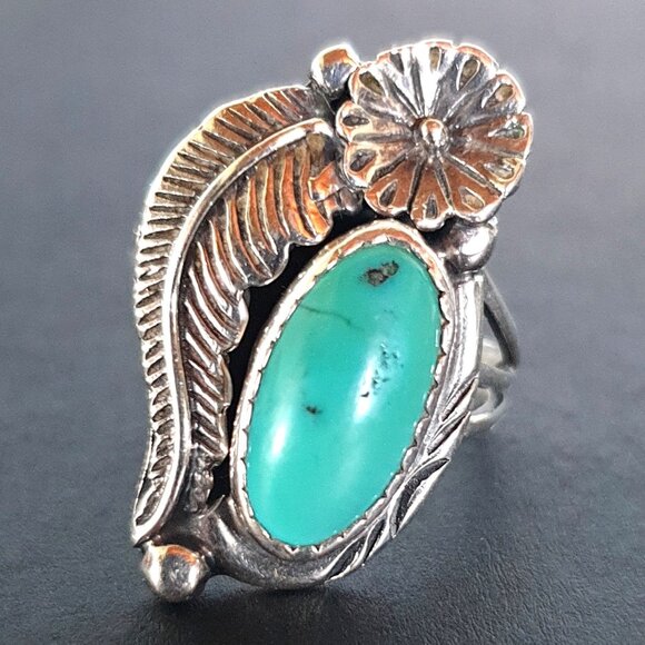 Pretty Vintage Navajo Native American Sterling Natural Turquoise Floral Ring - Picture 1 of 14
